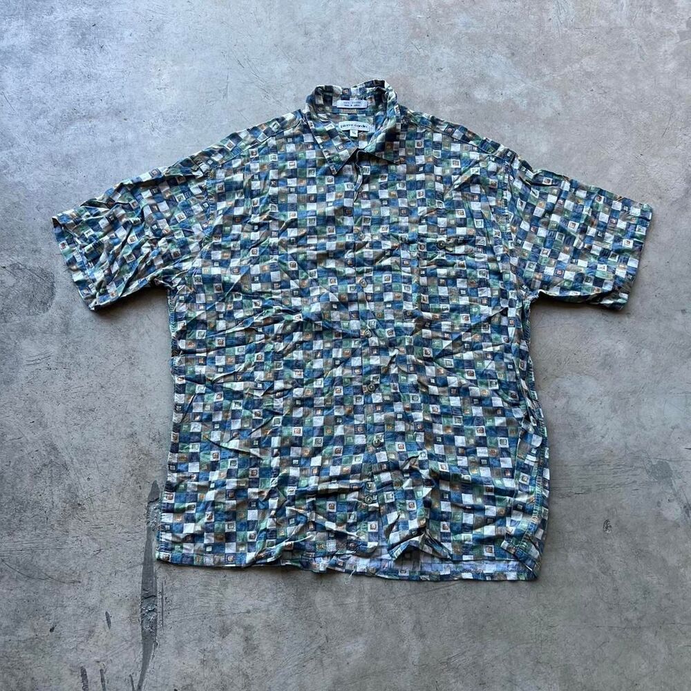 Blue and white vintage 90s short sleeve button up shirt Pierre Cardin Geometric